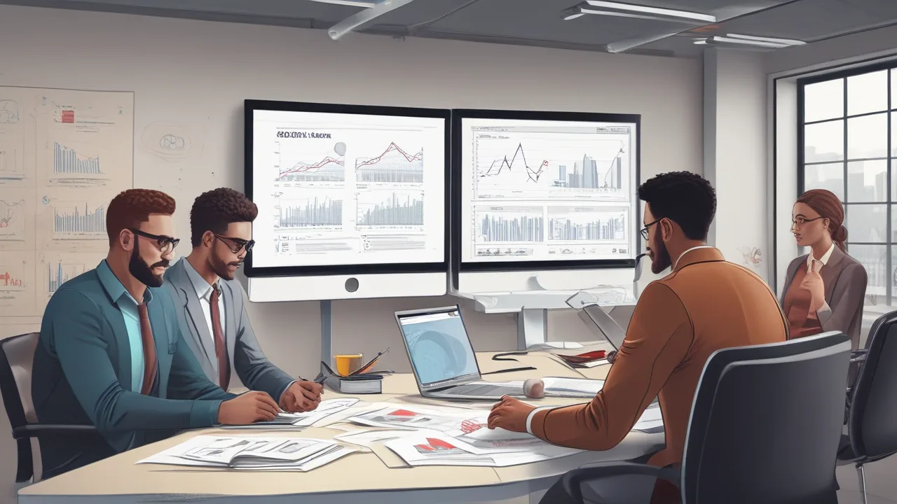 Business team analyzing SEO data and trends in a modern office, with multiple screens displaying graphs and charts related to SEO performance and costs.