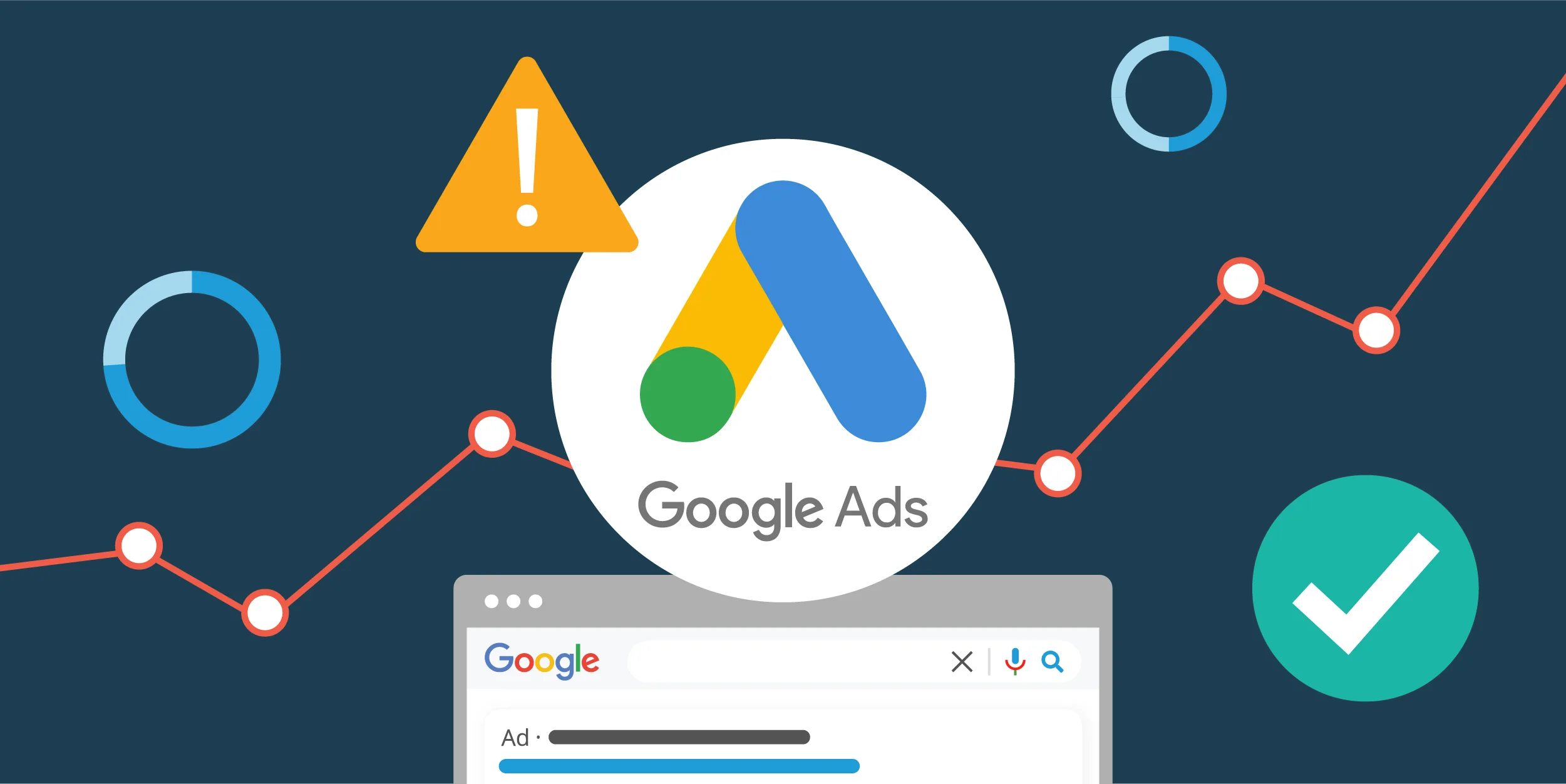 Google Ads logo with upward trend graph, search bar, and performance indicators, illustrating effective search campaign strategies and measurable results.