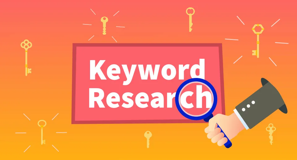 Hand holding magnifying glass over "Keyword Research" text, surrounded by golden keys, representing essential techniques for Google Ads keyword optimization.