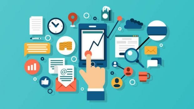 Digital marketing illustration featuring a hand tapping a smartphone displaying an upward trend graph, surrounded by icons representing analytics, communication, and engagement tools.