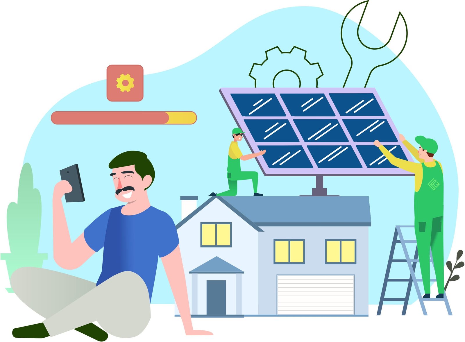 Man using smartphone while smiling, with solar panel installation on house by two workers, showcasing renewable energy solutions and digital engagement in the energy sector.