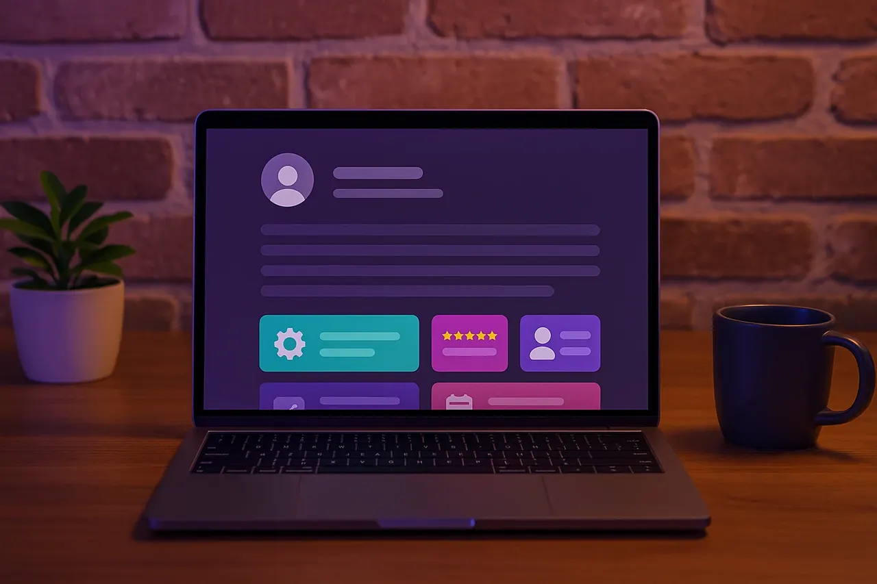 Alex Rocha founder bio page on a personal home office laptop showing portfolio layout with bio section and experience grid for Mastodon Marketing