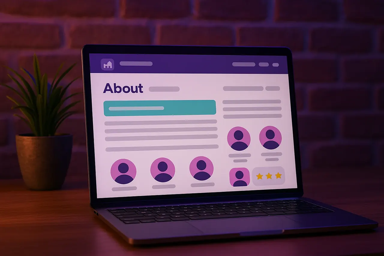 Mastodon Marketing about page on a personal home office laptop with brick wall showing mission statement and team grid for the Houston AI agency
