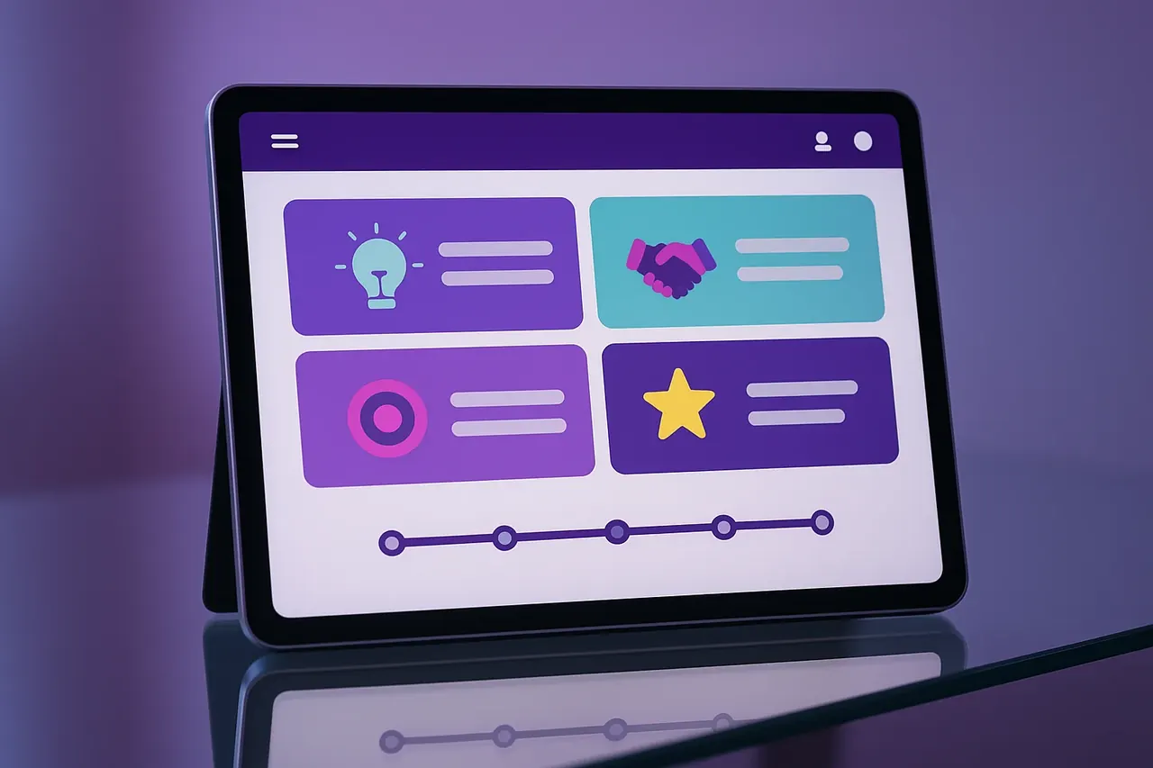 Mastodon Marketing values and process tablet dashboard showing 4 value tile cards and 5-stage process stepper for client engagements