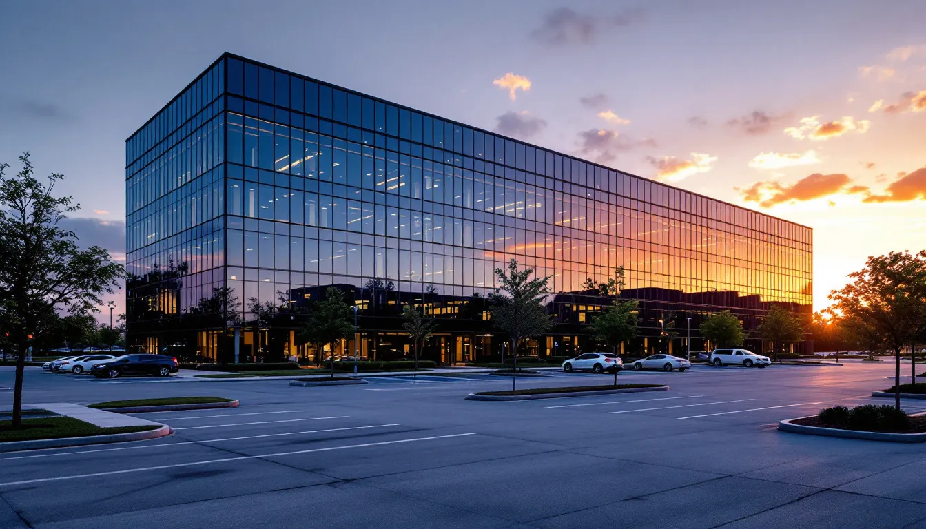 Houston Energy Corridor glass office park at dusk