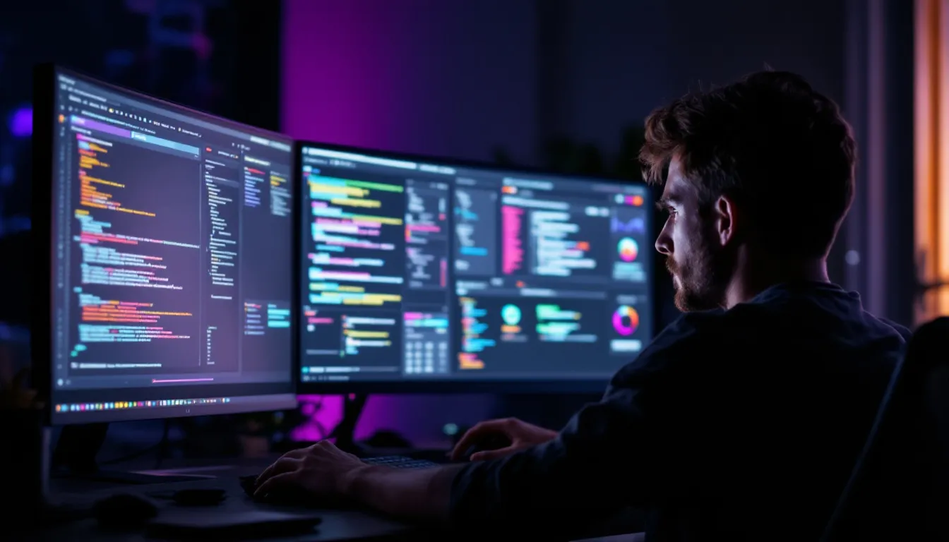Operator at a dual-monitor desk reviewing AI automation dashboards