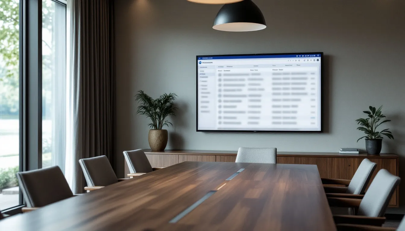 B2B services firm conference room in The Woodlands with CRM dashboard on monitor