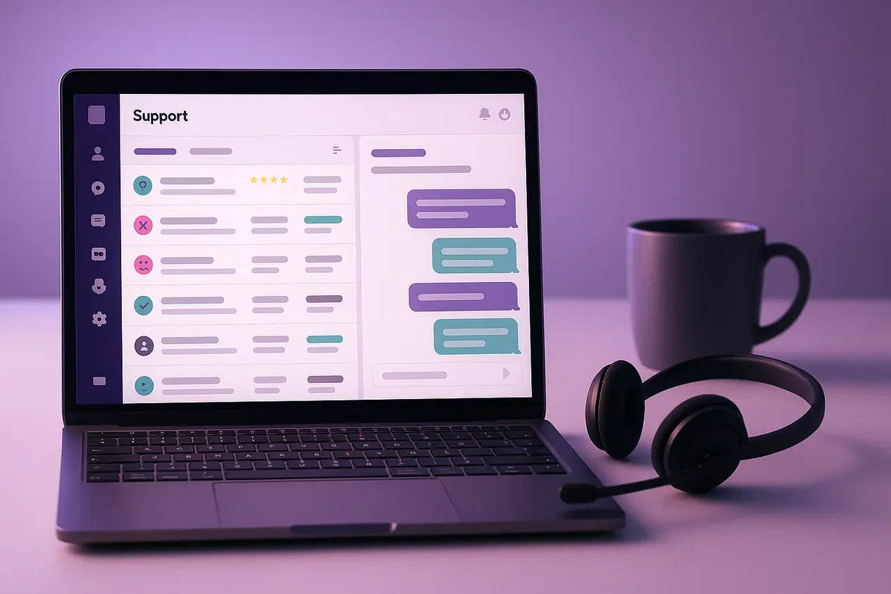 AI customer service implementation for Houston SMBs showing operator-grade workstation with headset for ticket deflection and human escalation supervision