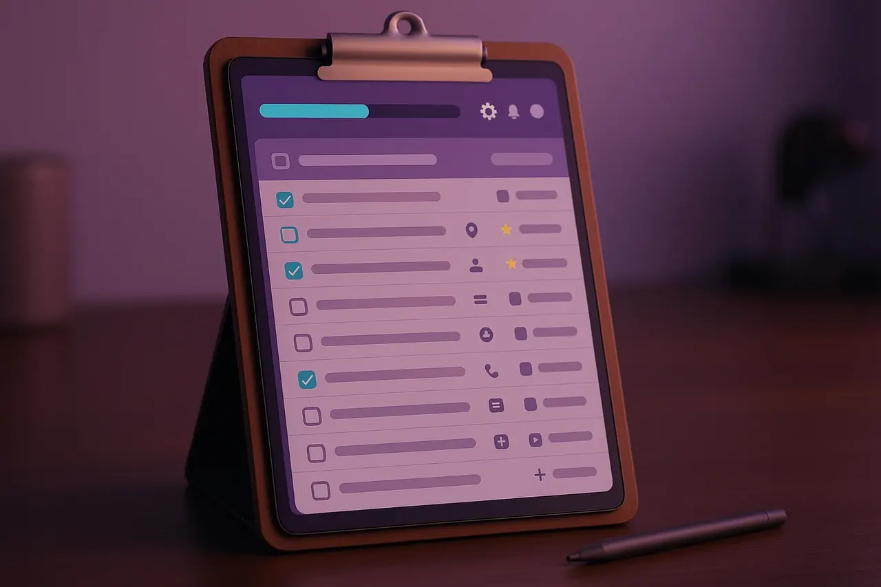 AI implementation 24-item readiness checklist on a clipboard-styled tablet showing progress bar and structured checklist for SMB vendor vetting
