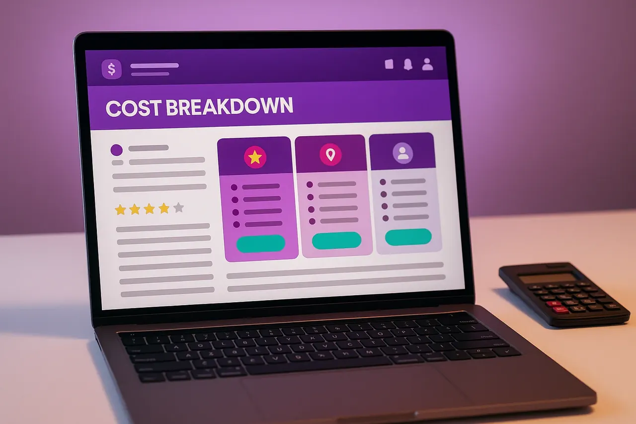 Cost of AI implementation article reader on a finance operator laptop showing 3-tier pricing comparison table for SMB AI projects
