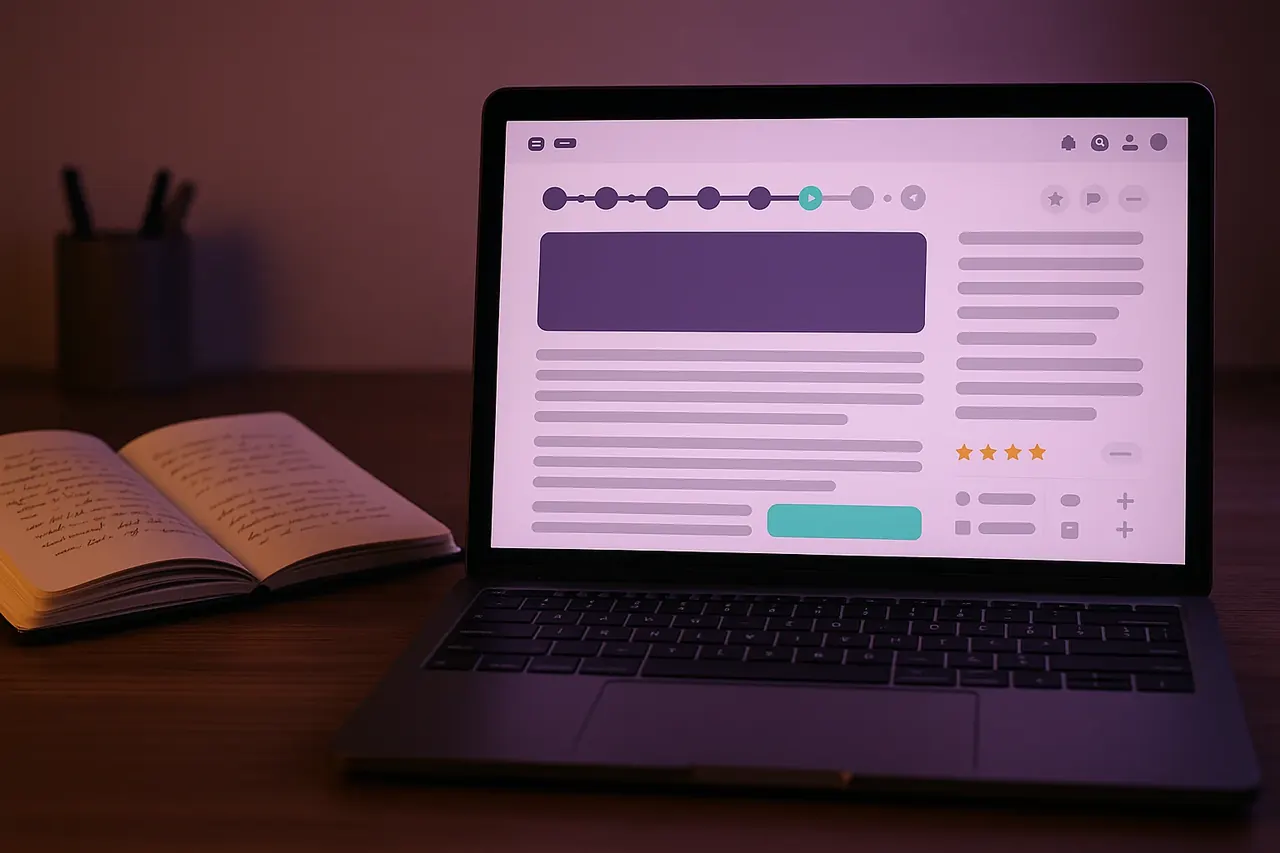 How to implement AI in a small business article reader on a writer laptop showing 7-step process indicator and hero illustration