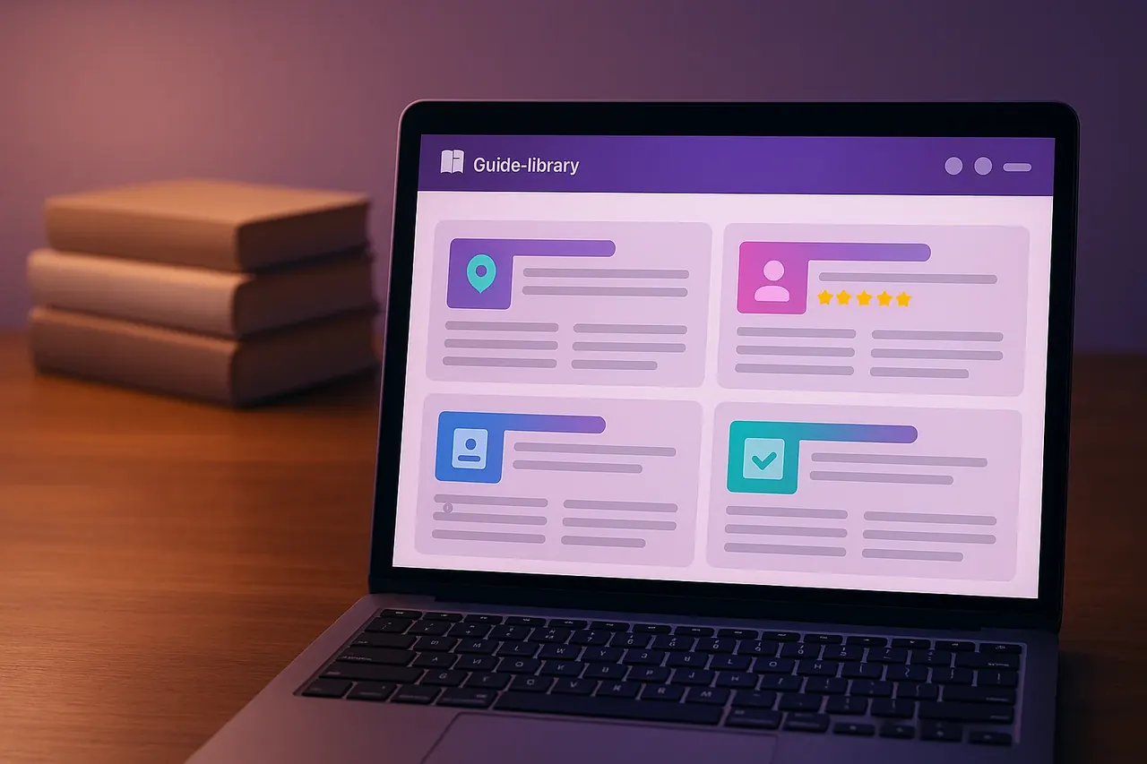 Mastodon AI guides library dashboard on a writer laptop showing 4 educational guide tile cards with title and read-time for SMB owners