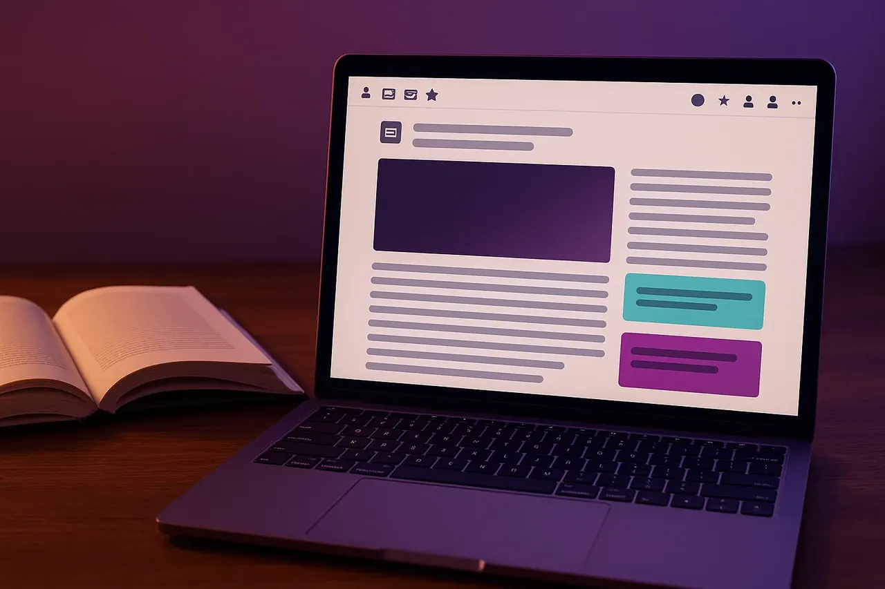 What is AI implementation editorial article reader on a writer laptop showing definition with hero image and pull-quote callout