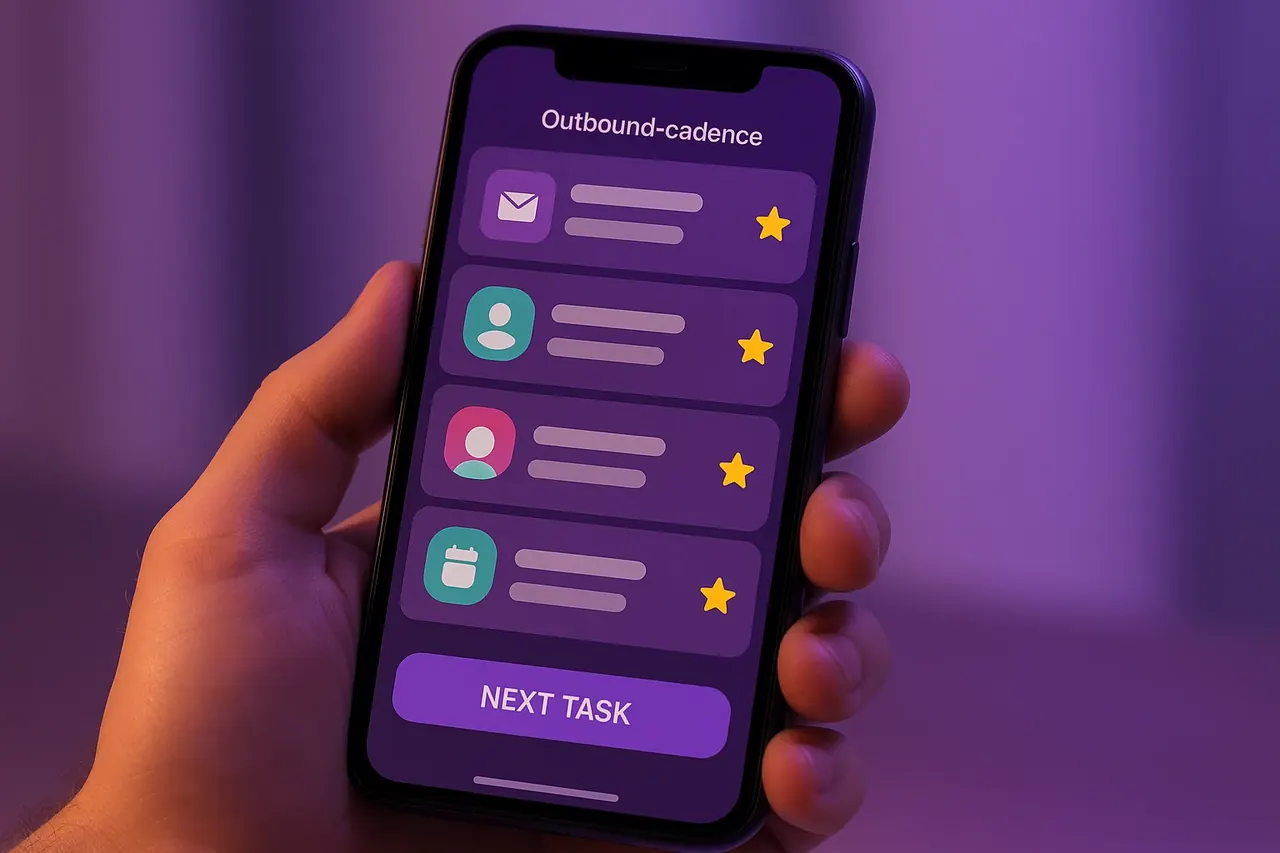 B2B outbound cadence mobile mockup showing task queue with phone email message and calendar actions for SDR account-based selling