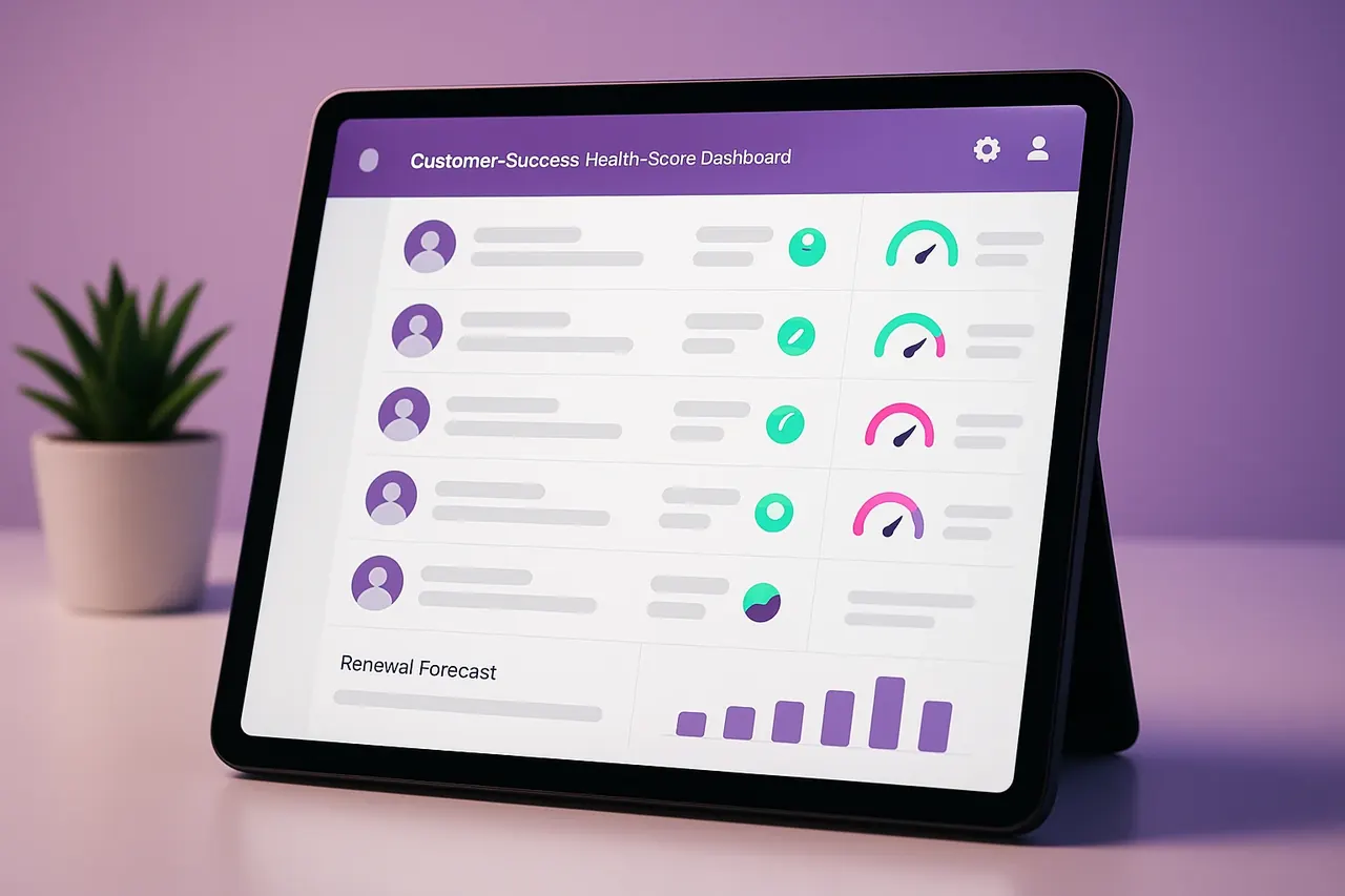 B2B customer success health-score tablet dashboard showing per-account risk gauges and renewal forecast for subscription SaaS retention