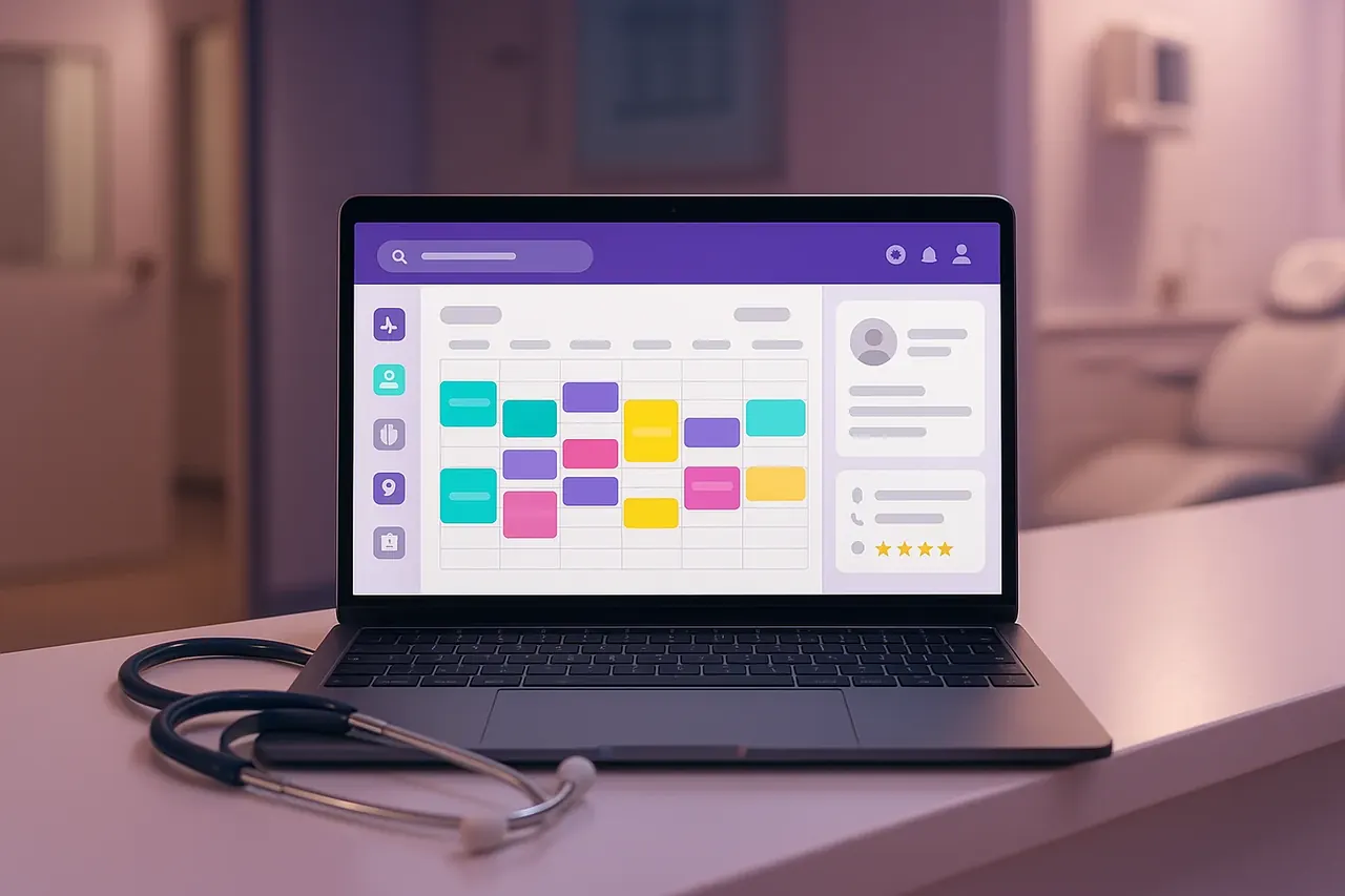 HIPAA-compliant AI implementation for Houston healthcare practices showing clinical front desk workspace for AI appointment scheduling at a modern dental or medical clinic