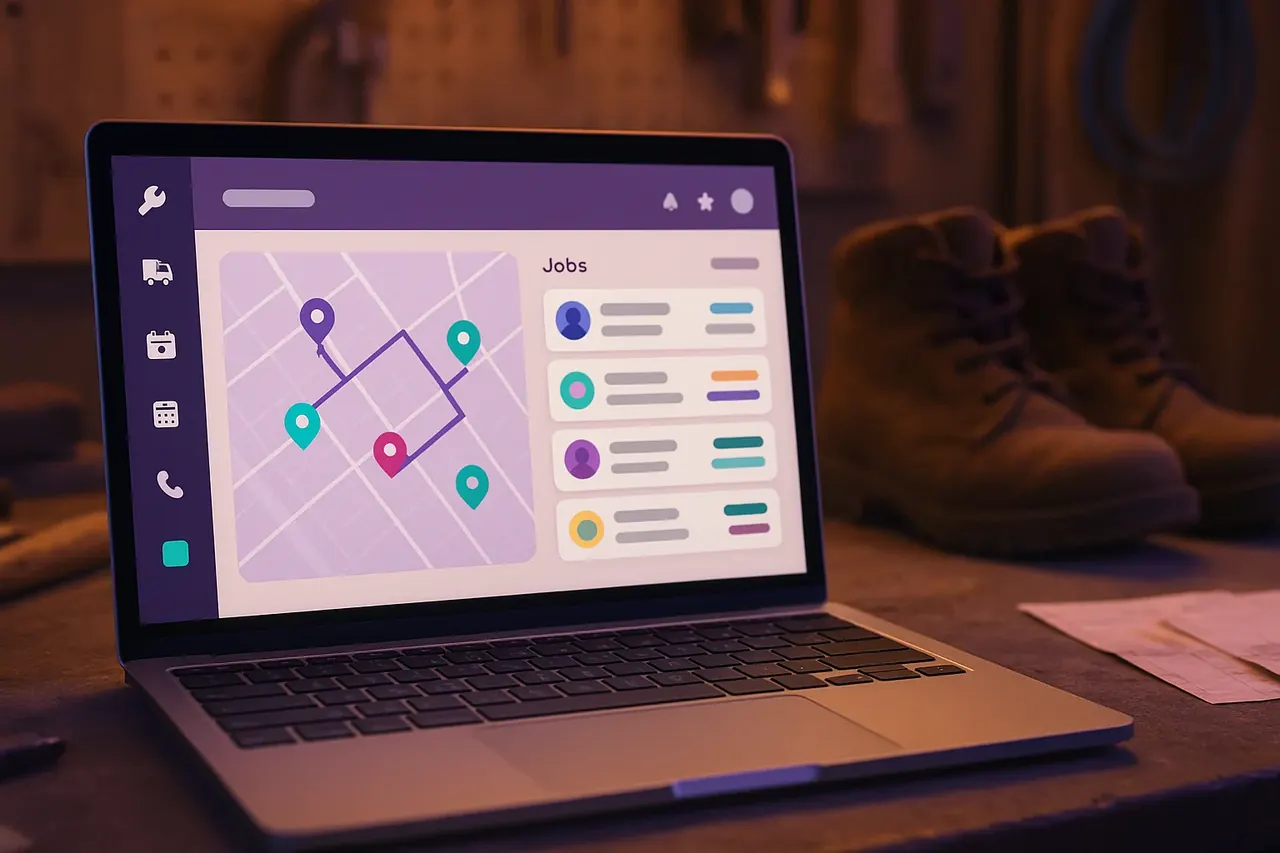 AI for home services dashboard on a tradesperson laptop showing route map technician dispatch and job pipeline for Houston HVAC plumbing and roofing operators