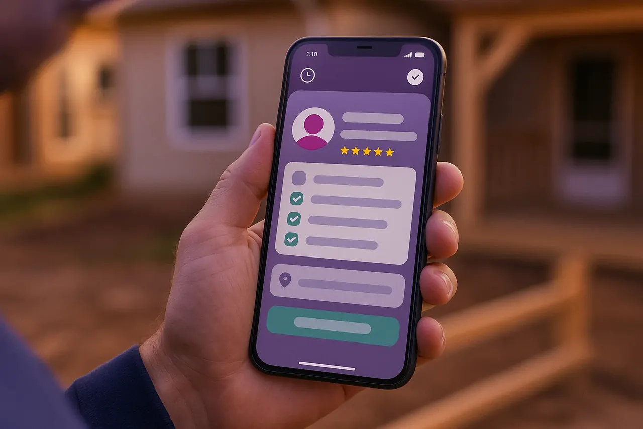 Tradesperson mobile job-card screen showing customer info task checklist and complete-job action for home services field operations