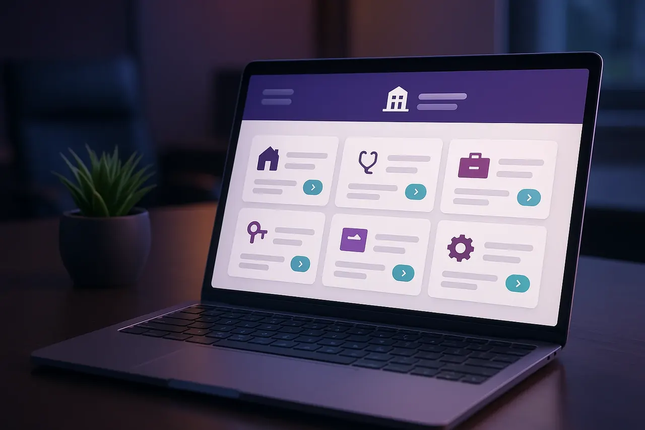Mastodon AI industries overview dashboard on an executive laptop showing 6 industry tile cards for home services healthcare professional services real estate B2B and more