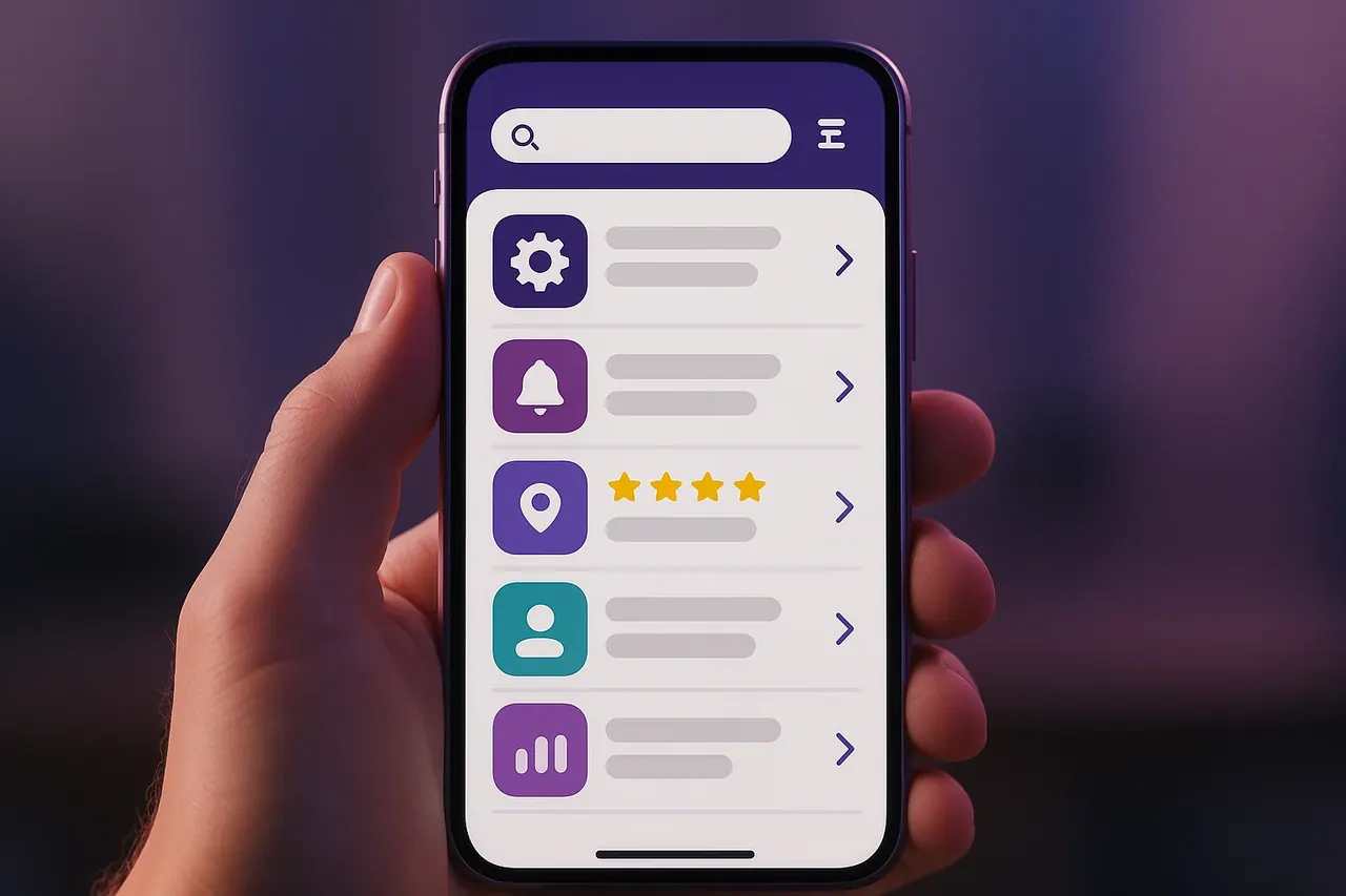 Mastodon AI industries browser mobile mockup showing industry list with vertical-specific icons for SMB owners finding their fit