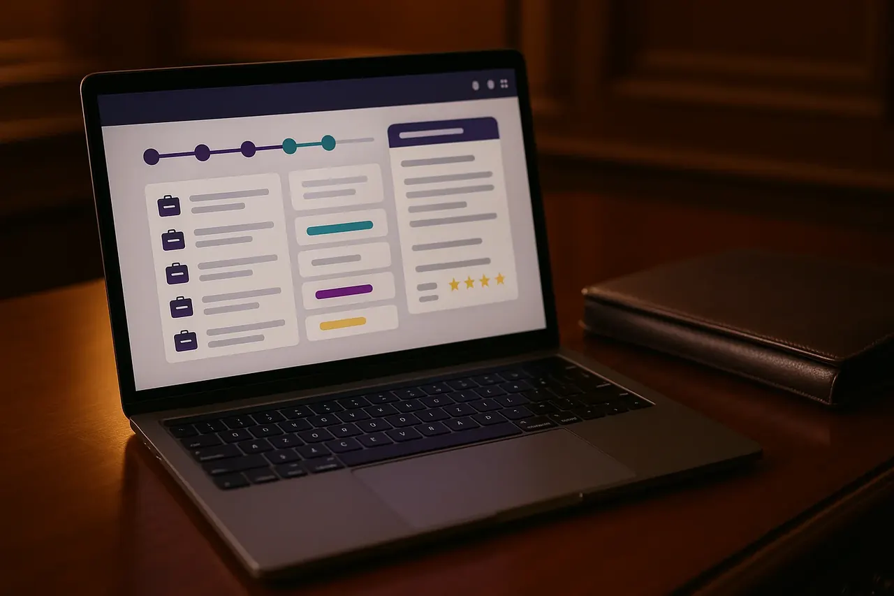 AI for professional services matter dashboard on an attorney or accountant laptop showing 5-step process and document drafting preview for Houston law firms