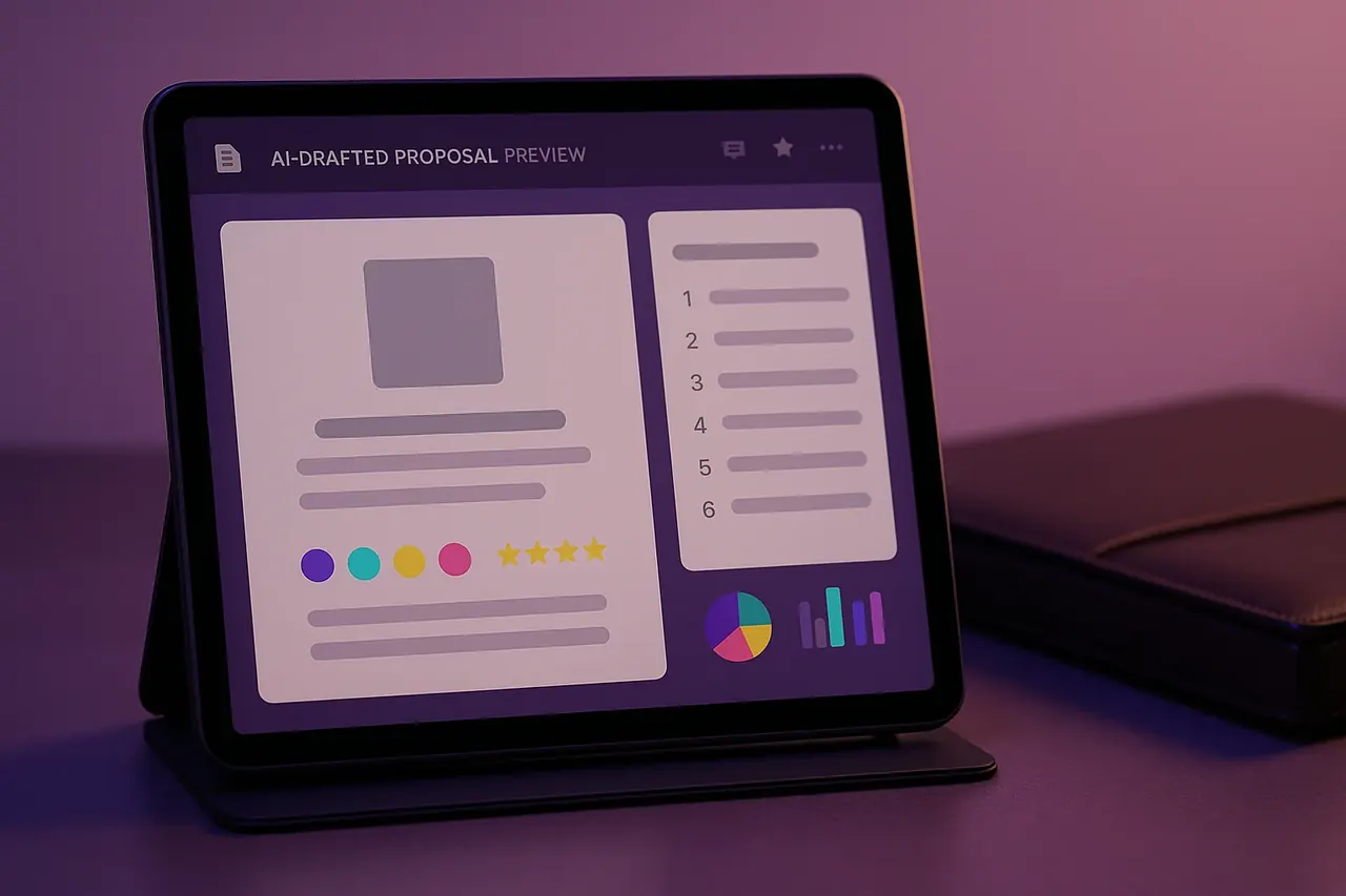 AI-drafted proposal preview tablet view showing cover page outline and section structure for professional services proposal automation