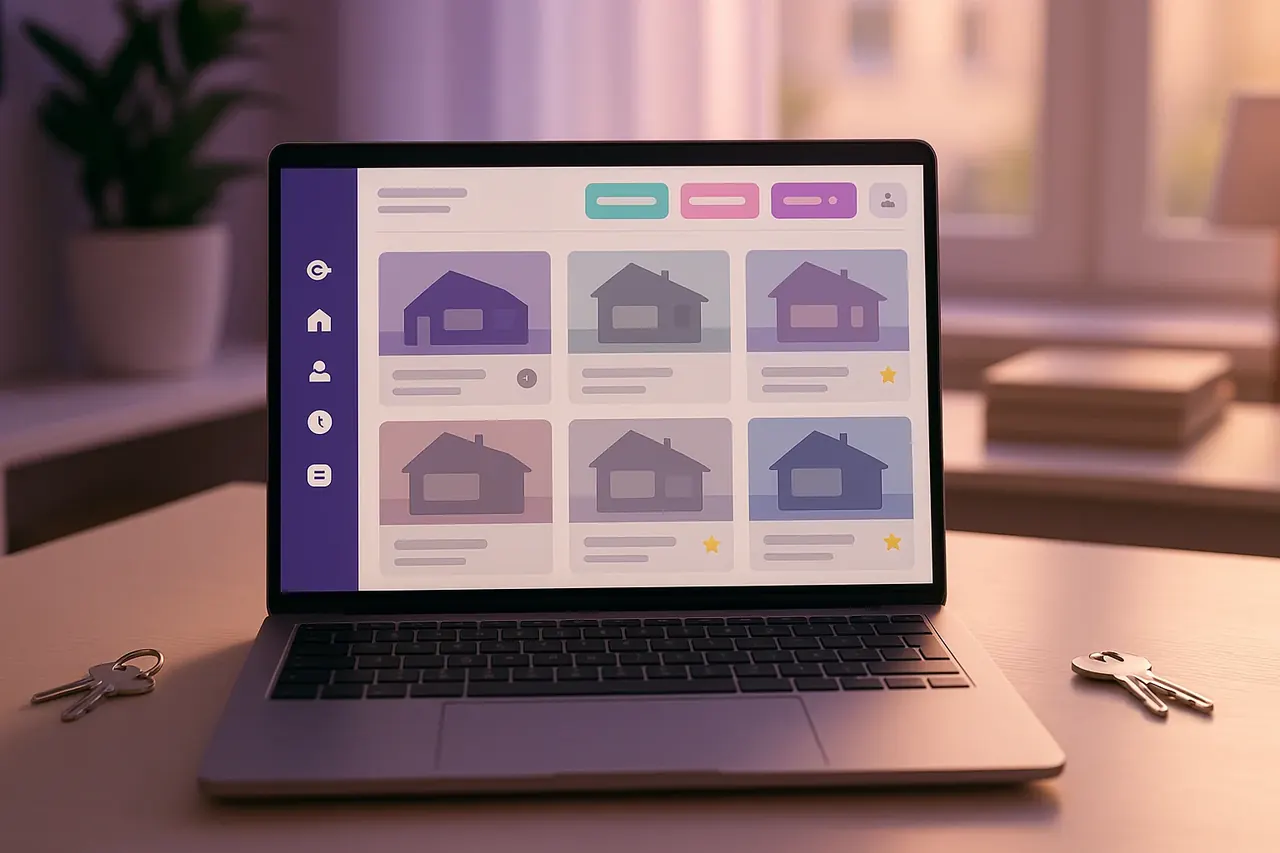 AI for real estate CRM dashboard on a realtor laptop showing listing grid property thumbnails and KPI summary for Houston real estate agents and brokerages