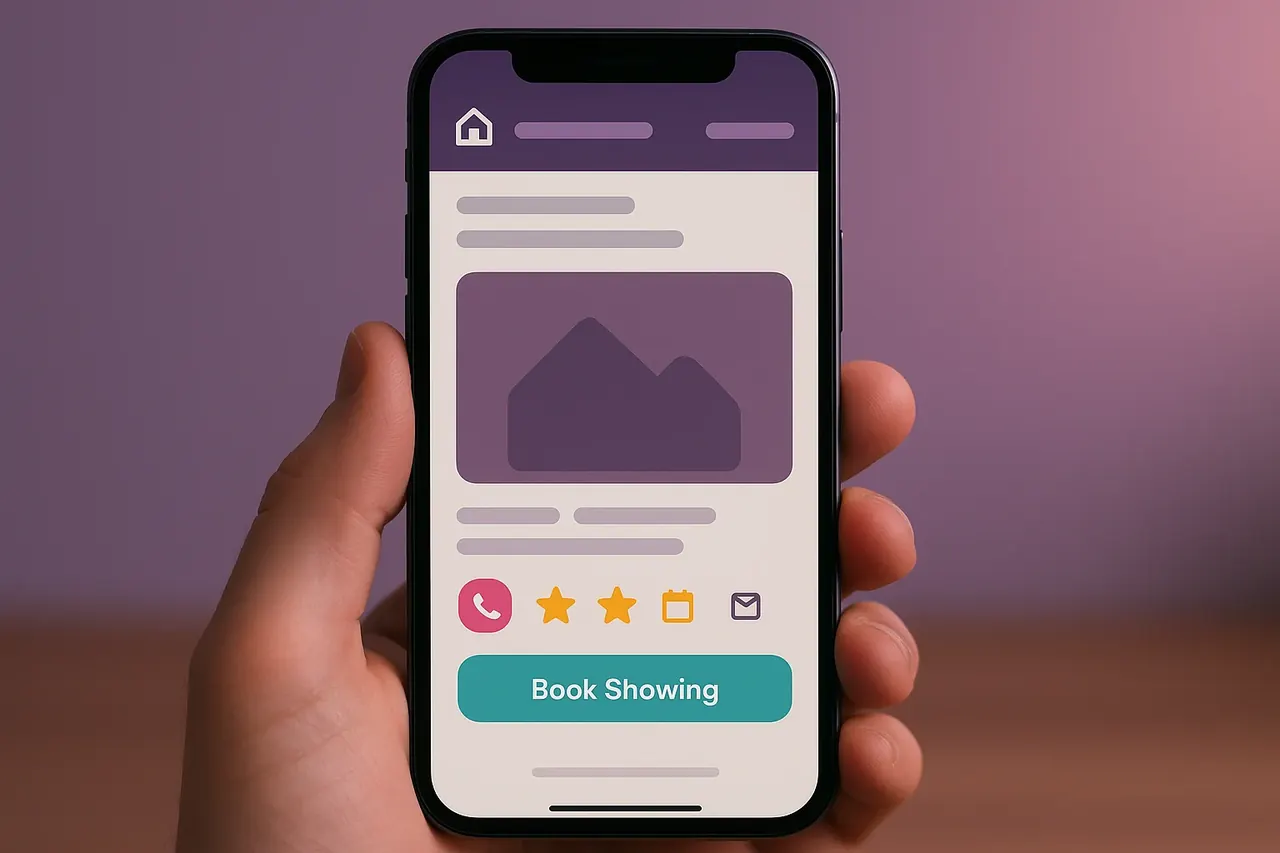 Property showing request mobile mockup showing listing image agent contact actions and book-showing button for buyers and sellers