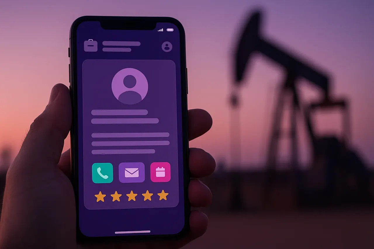 Fort Worth B2B services CRM mobile mockup showing contact card with actions at an oil and gas adjacent industrial work site