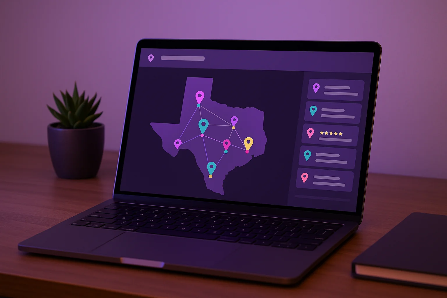Mastodon AI Texas service-area map dashboard on a laptop showing 9 city locations across the state for AI implementation coverage