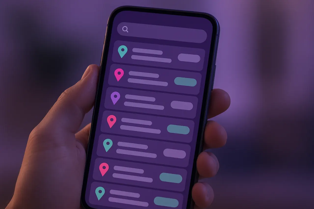 Mastodon AI city-selector mobile mockup showing Texas city list with drive-time pills for finding the nearest service area