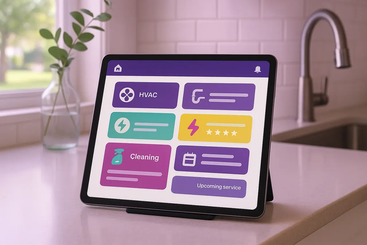 Katy Texas homeowner portal tablet view showing service categories upcoming appointment card and notifications for suburban home services