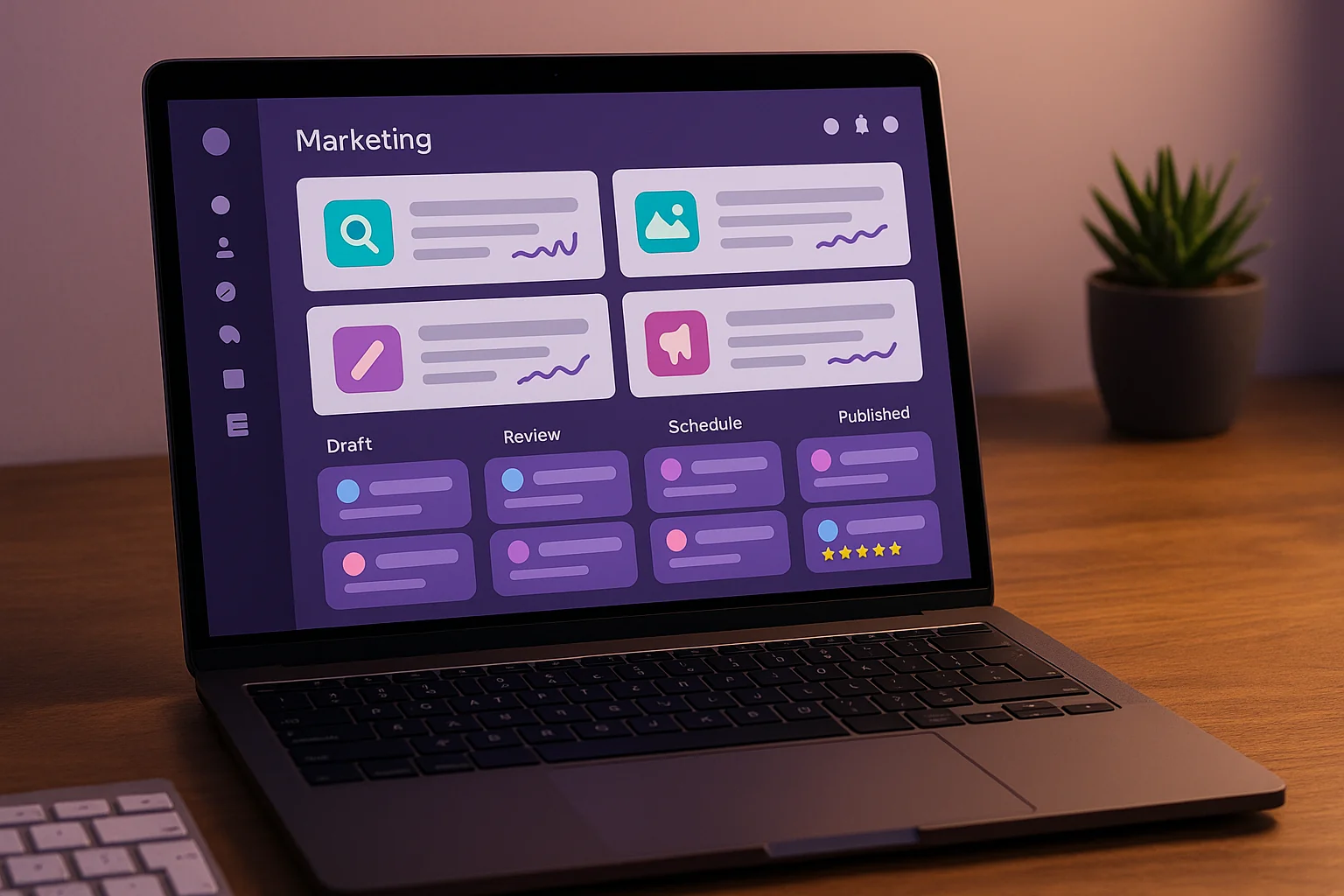 AI marketing pillar dashboard on a marketer laptop showing KPI tiles for SEO content production and paid ads campaign management