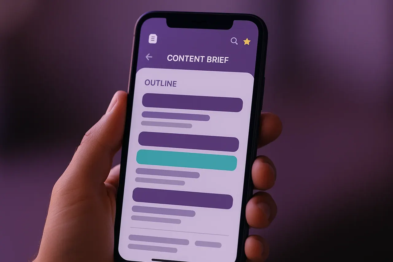 AI-drafted content brief mobile mockup showing structured outline with H2 placeholder bars and in-progress section highlighted