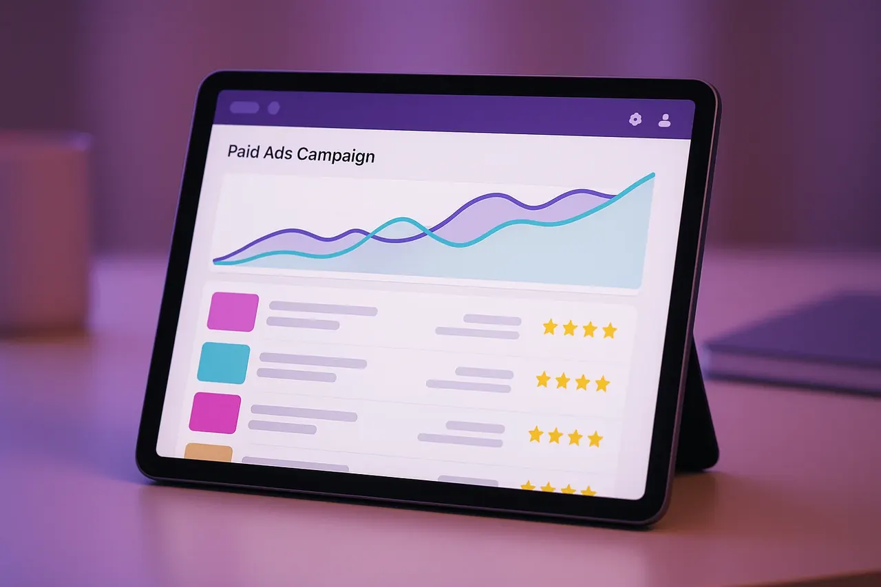Paid ads campaign analytics tablet view showing trend chart and ad creative thumbnail performance for Google Ads and Meta Ads