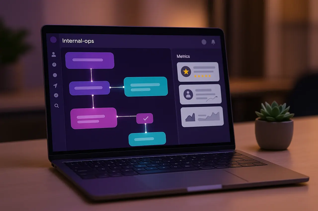 AI operations dashboard on an operator laptop showing workflow builder with connected automation nodes and ops KPI tiles