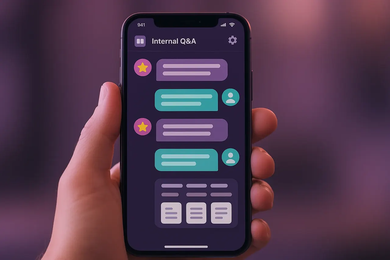 Internal Q&A chat bot mobile mockup showing AI assistant pulling from company SOPs and knowledge base with cited sources