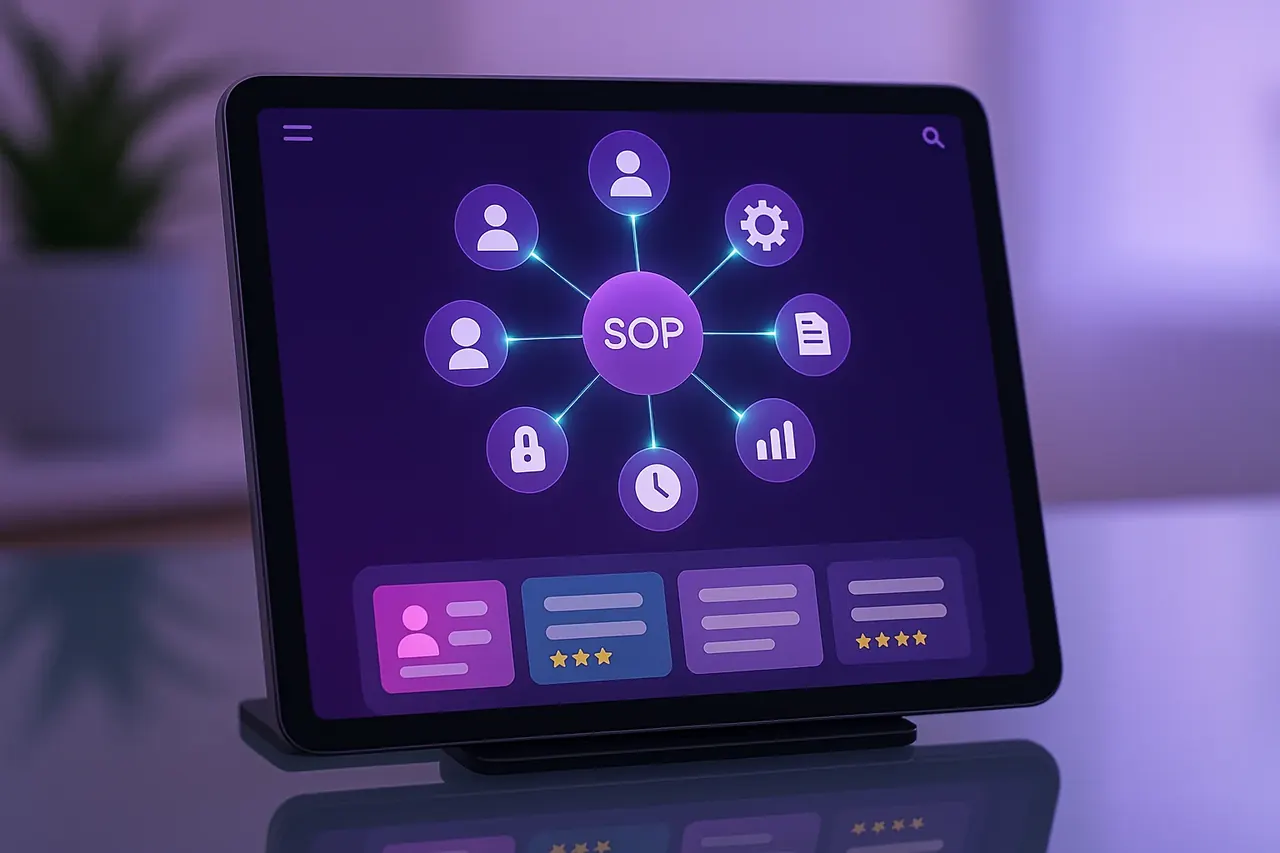 SOP knowledge graph tablet visualization showing connected institutional knowledge nodes for internal AI Q&A and team enablement