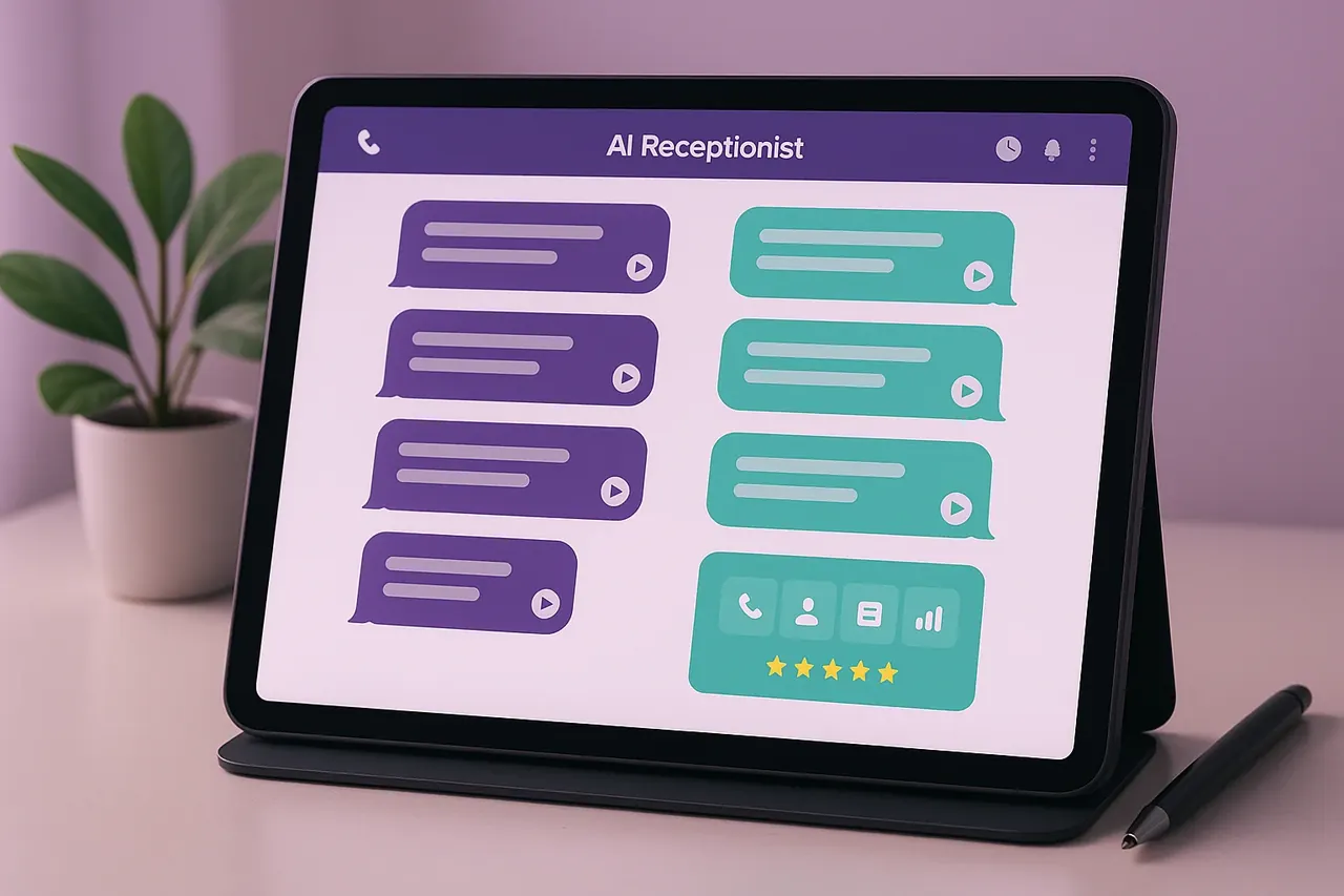 AI receptionist conversation transcript tablet view showing chat-style call summary for Houston home services and healthcare practices