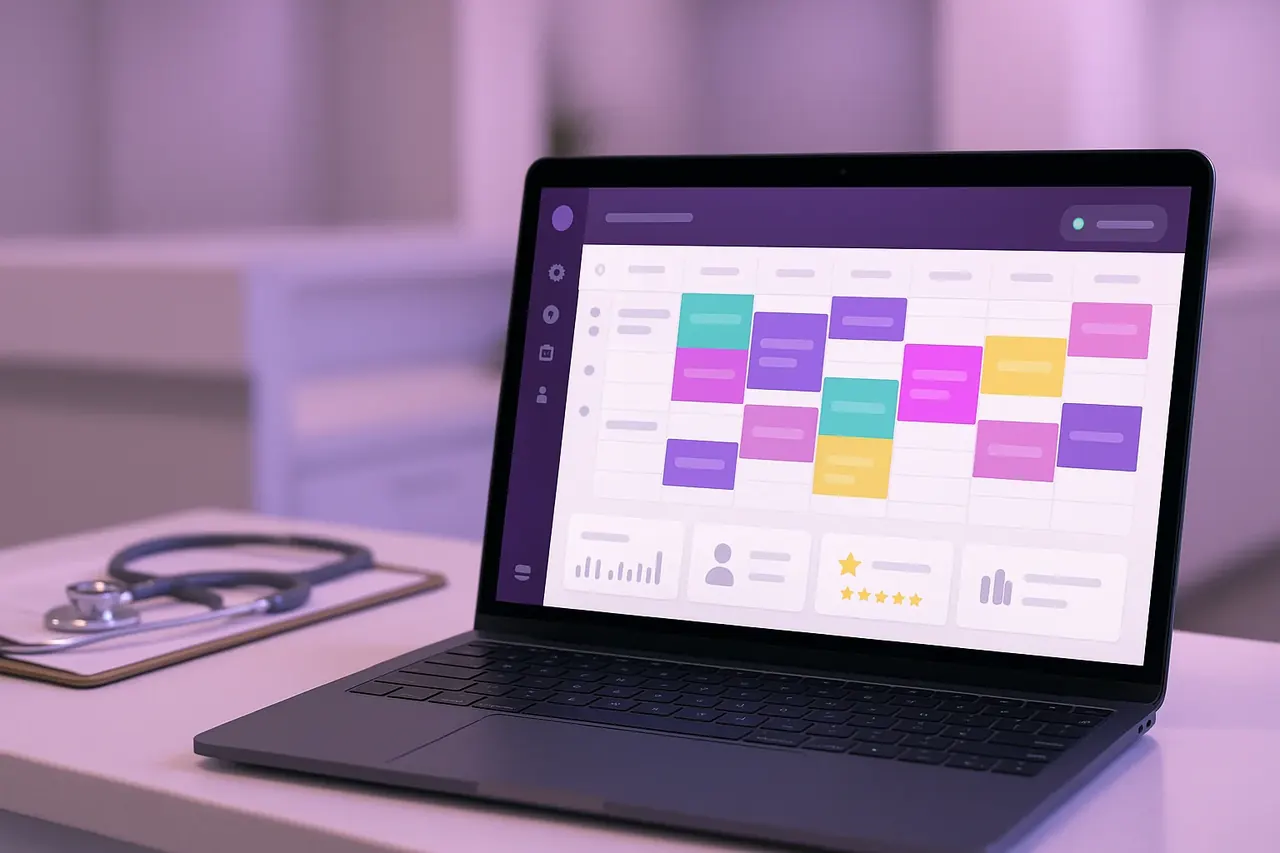 AI appointment scheduling dashboard on a clinical front desk laptop showing weekly calendar with color-coded bookings and live availability