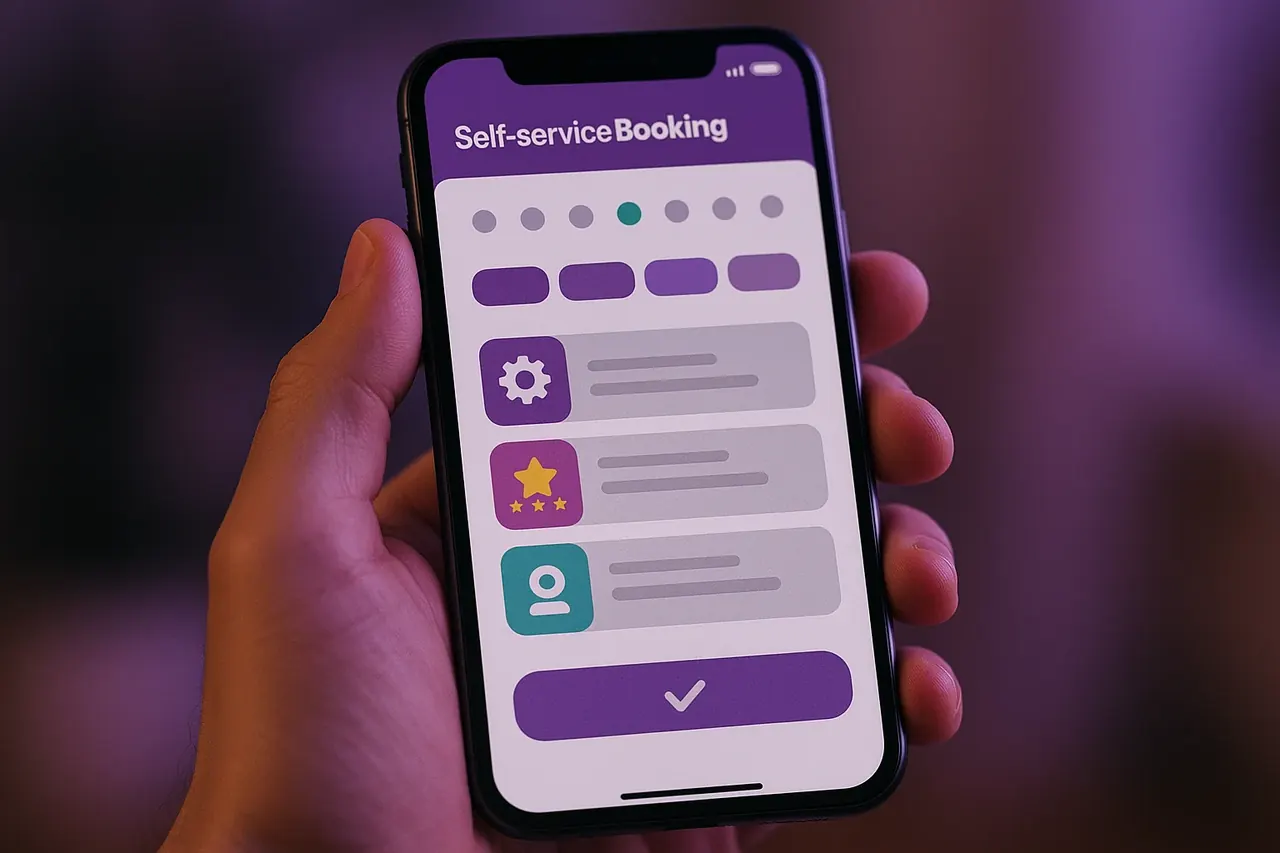 Self-service appointment booking mobile screen showing day picker time slots and service selection for Houston healthcare and home services