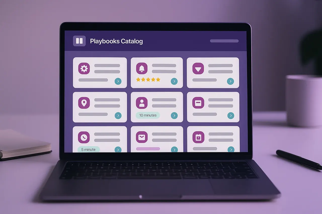 Mastodon AI playbooks catalog dashboard on a laptop showing 9 playbook tile cards for SMB AI implementations across customer service sales and operations