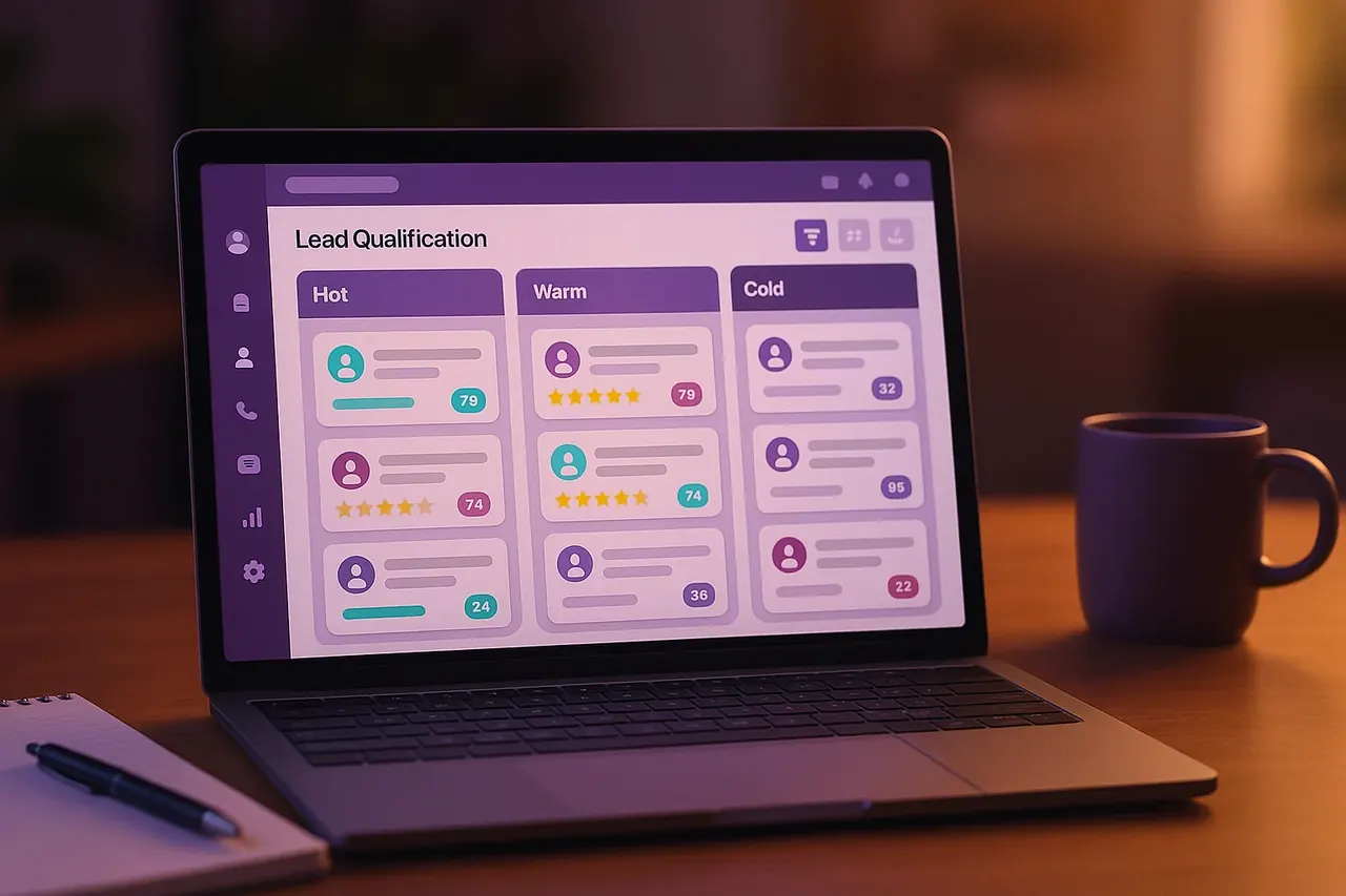 Lead qualification bot kanban dashboard on a sales team laptop showing hot warm and cold lead routing for Houston SMB B2B inbound