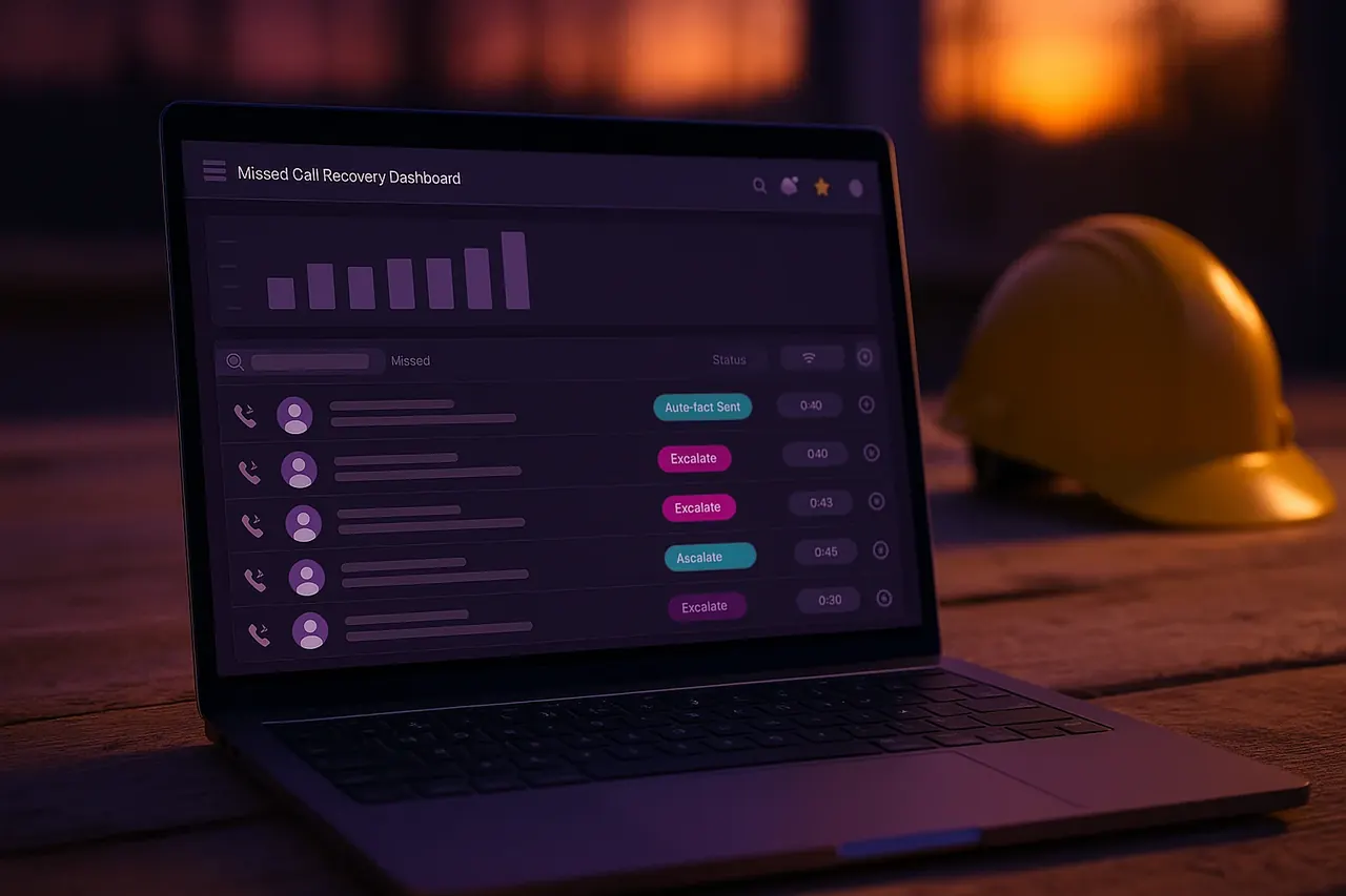 Missed-call text-back recovery dashboard on a contractor laptop showing automated SMS responses and recovered Houston home services leads