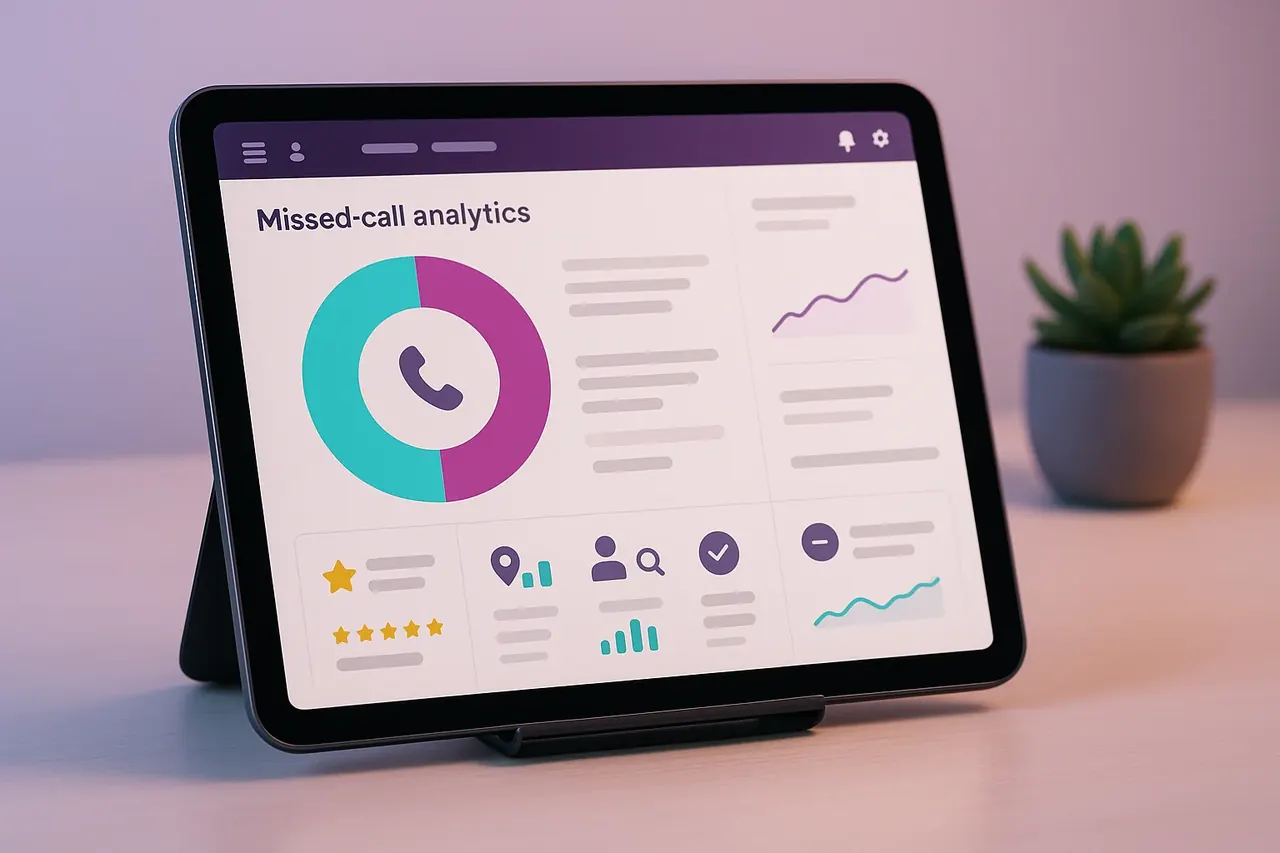 Missed-call recovery analytics tablet dashboard showing donut chart of recovered versus lost leads and trend KPIs for SMB operations