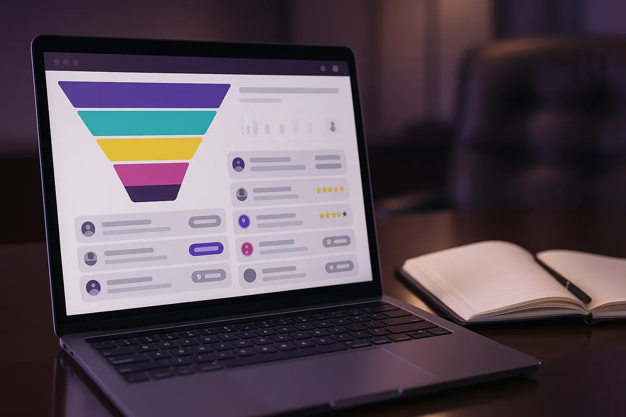 AI sales pipeline dashboard on an executive laptop showing 5-stage funnel and deal cards with priority and value indicators for Houston B2B teams