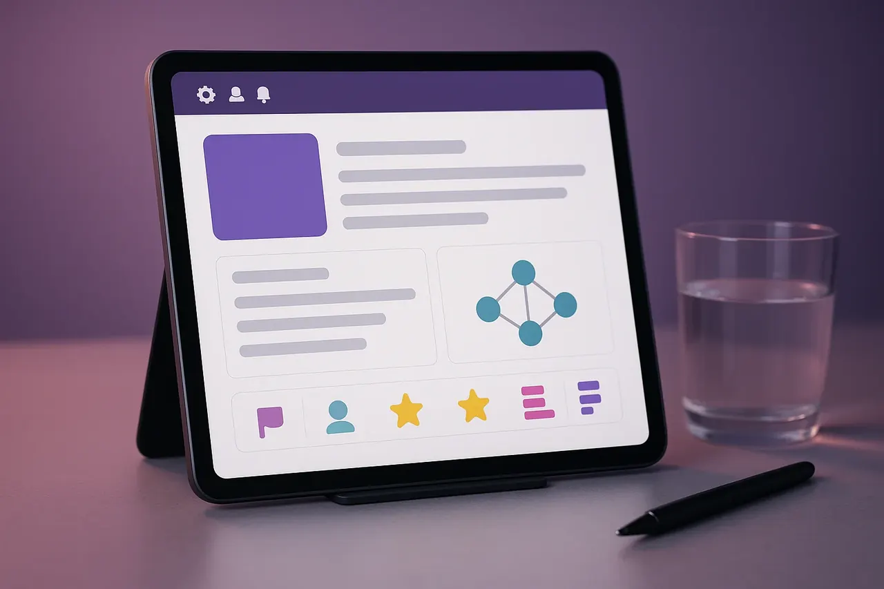 AI account research tablet dashboard showing target company card stakeholder graph and signal tiles for B2B account-based selling