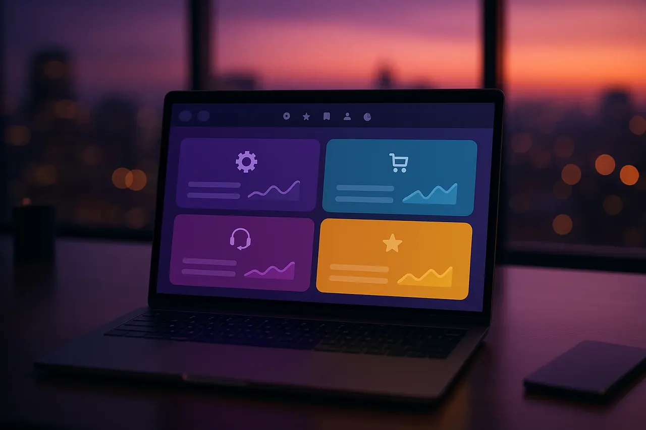 Mastodon Marketing AI implementation 4-pillar overview dashboard on an executive laptop at a Houston HQ showing marketing sales customer service and operations pillars