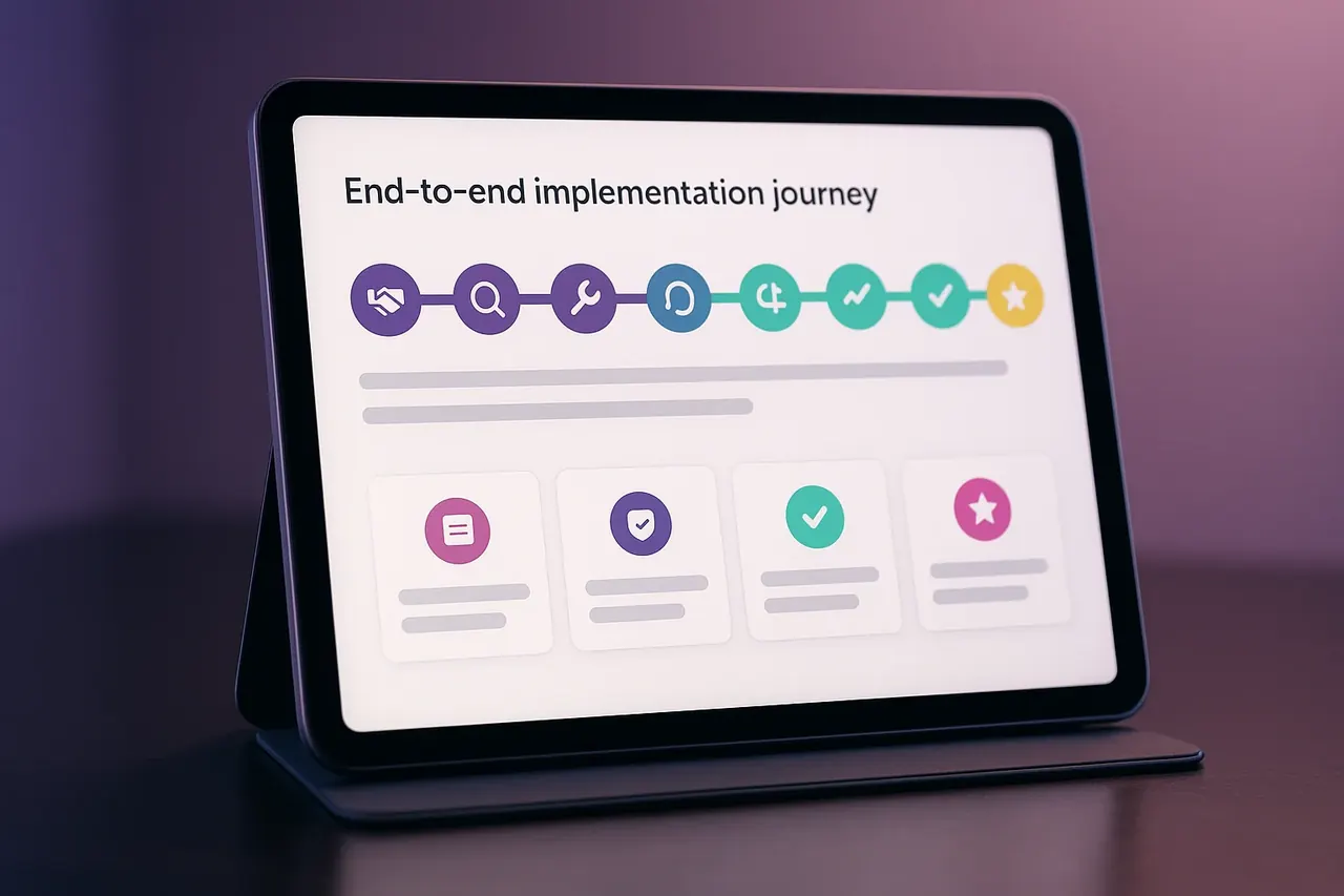End-to-end AI implementation journey tablet timeline showing 8 milestones from discovery through measurement for SMB AI programs