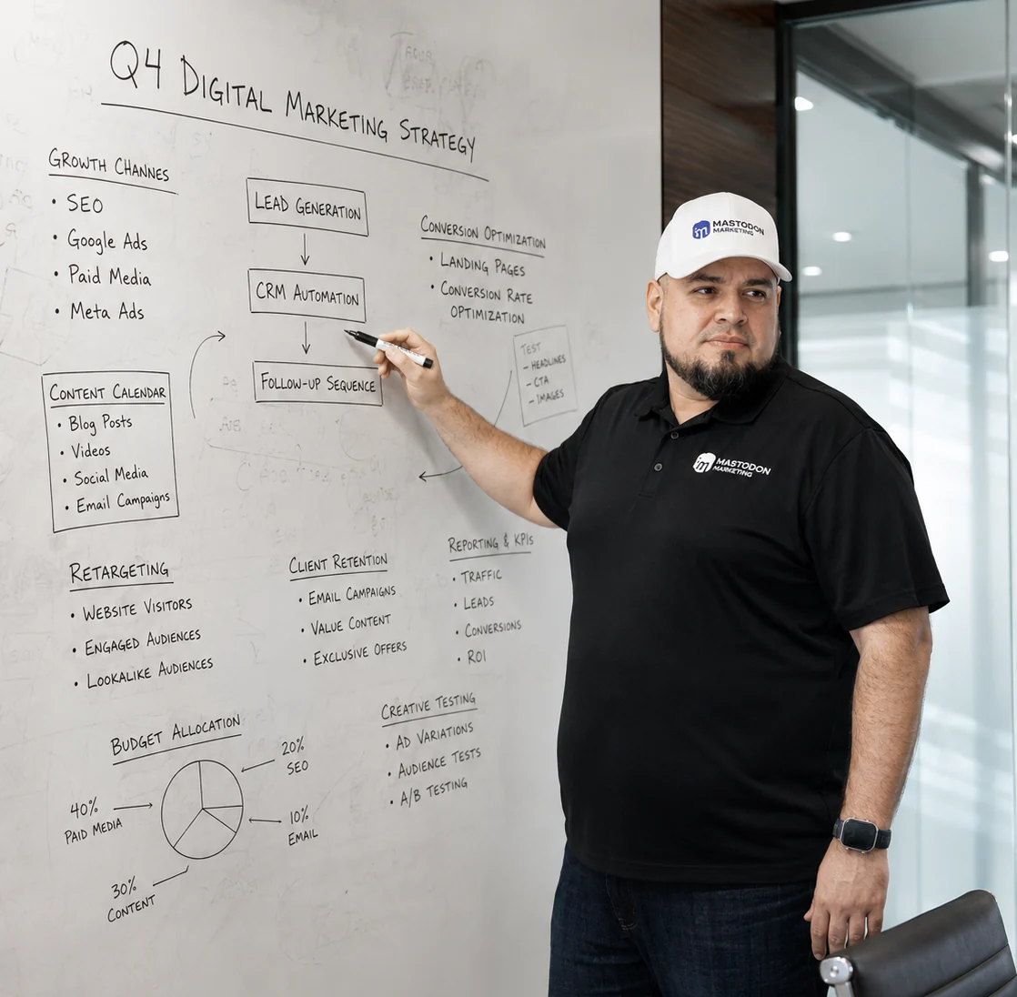 Alex Rocha mapping a Q4 digital marketing strategy on a whiteboard at Mastodon Marketing's Pearland Texas office, showing growth channels paid ads social media content email lead generation conversion playbook and CRM automation